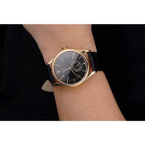 imitation rolex cellini black dial gold case black leather strap|Cellini .